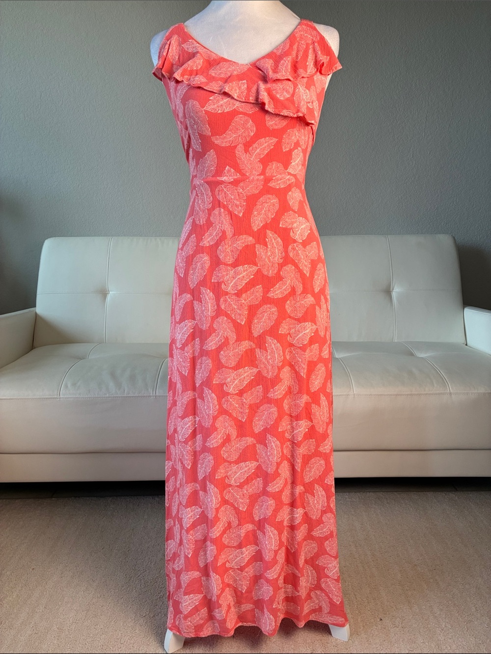 Coral Ruffle Maxi Dress with Leaf Print by Collective Concepts